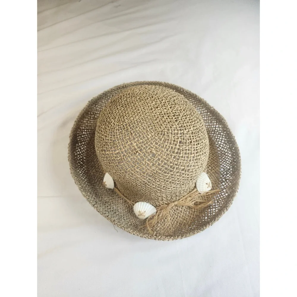 Woven Straw Beach Sun Hat with Seashell Detail Natural Tan Boho Summer Accessory